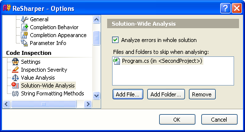 ReSharper Options dialog box: Code Inspection: Solution-Wide Analysis