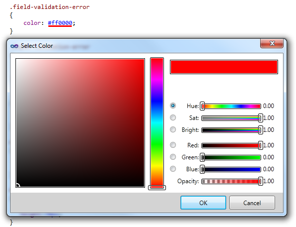 Select Color window to select color in CSS