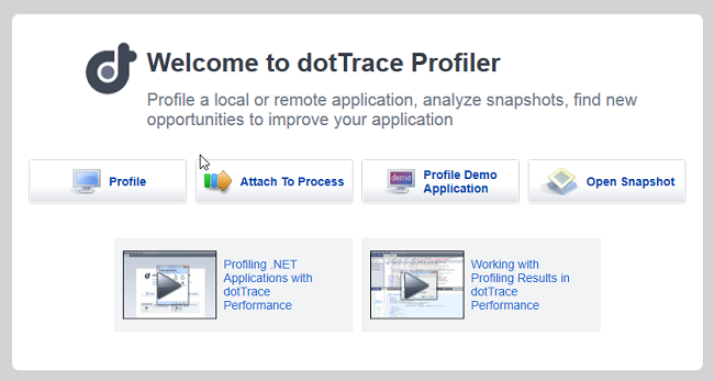 Updated Welcome screen in dotTrace 5.3 Performance
