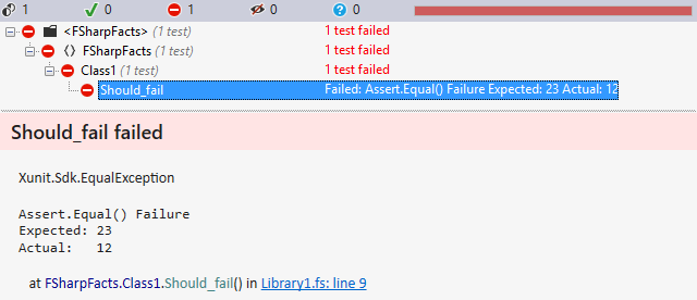 F# test results showing clickable call stack
