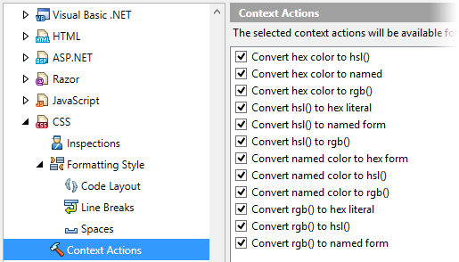 CSS context action settings