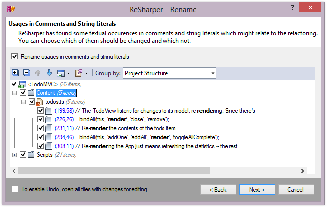 ReSharper 8.1 TypeScript Rename Refactoring Usages in Comments and String Literals