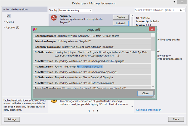 Extension Manager additional information dialog