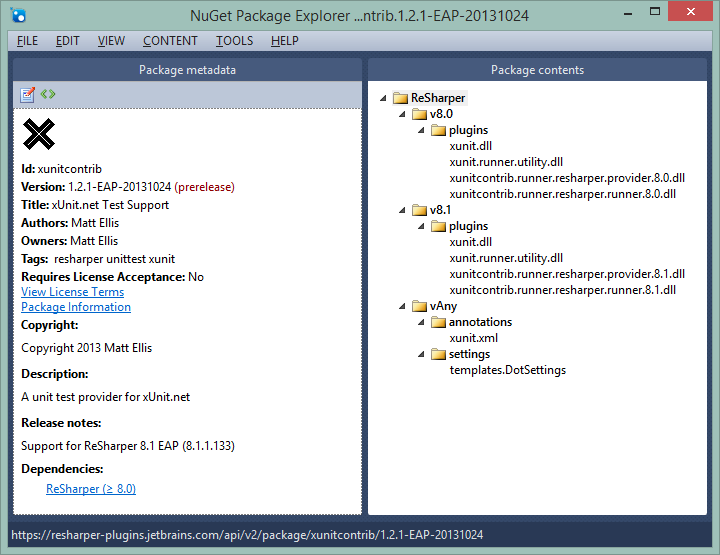 The xunitcontrib package viewed in NuGet Package Explorer