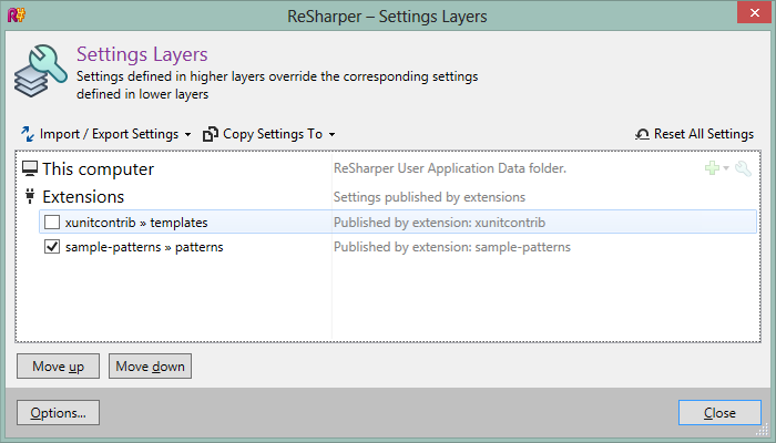ReSharper's Manage Options dialog showing xunitcontrib settings layer deselected