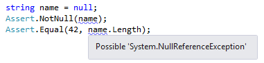 ReSharper warns of potential null reference exception, even though the line will never be hit due to preceding Not Null assert