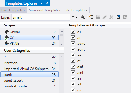 Live Templates imported by the xUnit.net extension